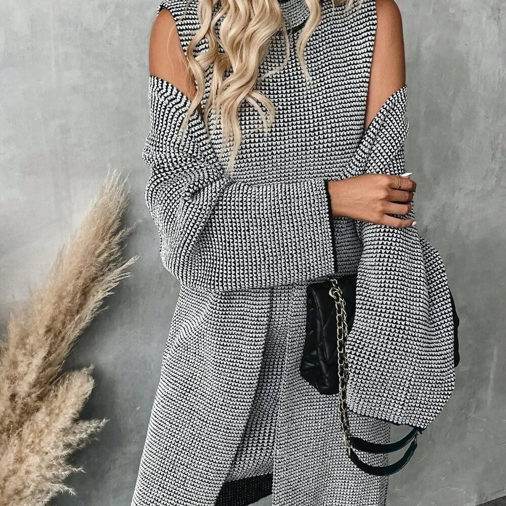 Multicolor Casual Women's Long Sleeve Cardigan & Stand Collar mini dress set - Picture 4 of 8